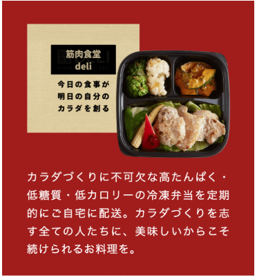 宅配弁当の写真と筋肉食堂のコンセプトの案内